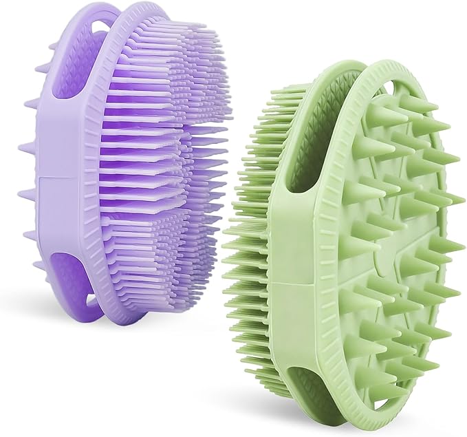 2-Pack Soft Silicone Dual-Sided Body Scrubber & Loofah | Gentle Exfoliating Shower Brush for Men & Women | Creates Rich Lather, Easy to Clean (Green & Purple)