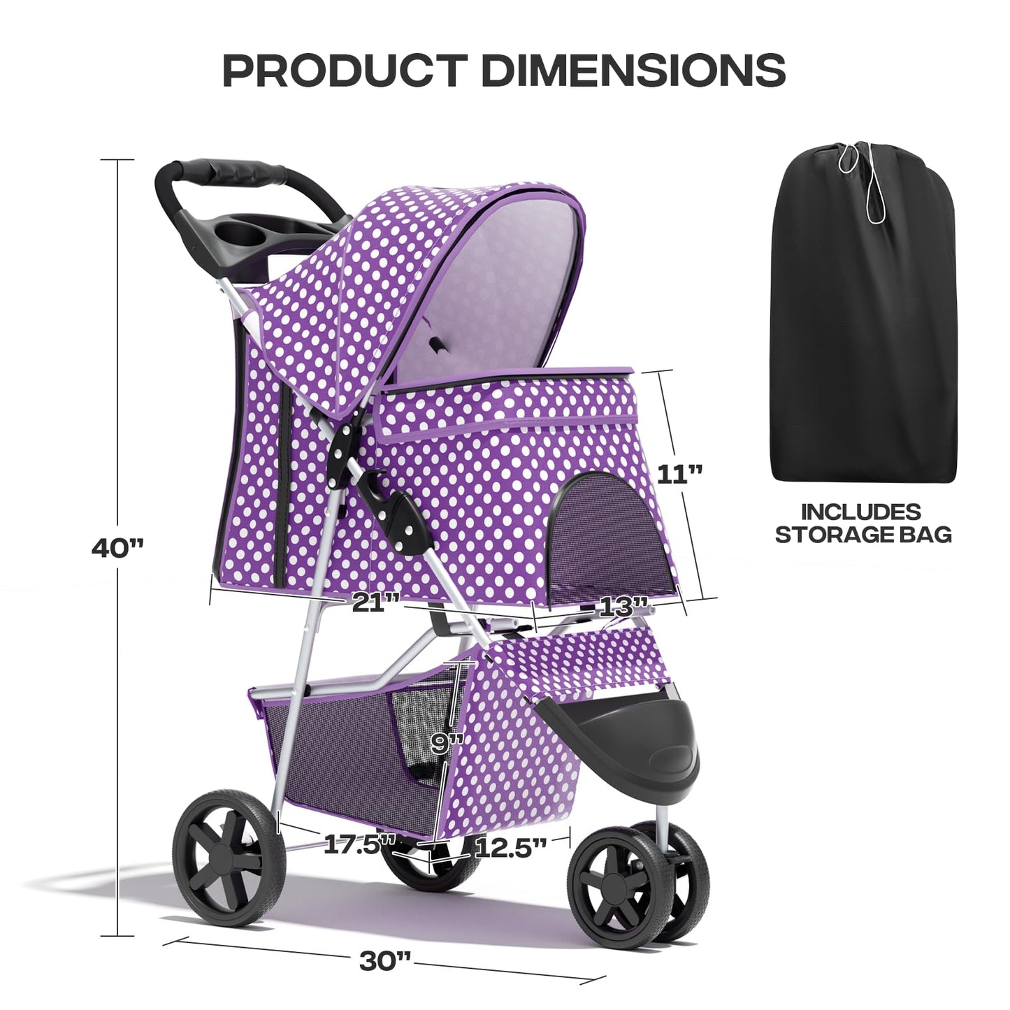 Pet Stroller for Small Dogs 10 lbs, Dog Stroller for Medium Dogs 30 lbs, Cat Strollers for 2 Cats, 3 Wheels Foldable Jogger Puppy Stroller with Storage Basket and Cup Holder, Purple Polka Dots