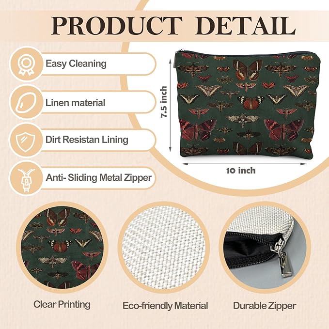 Moody Green Academia Butterfly Cosmetic Bags Toiletry Bag for Women, Vintage Butterfly Makeup Bag, Butterfly Gifts for Women, Dark Cottagecore Butterflies Makeup Pouch