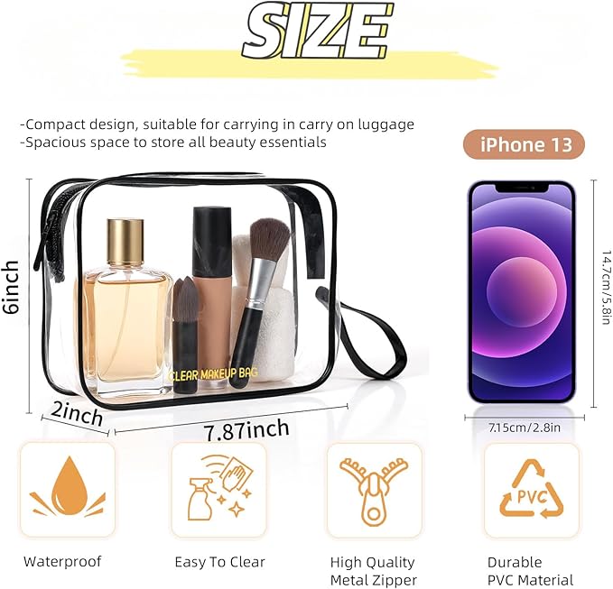 Clear Makeup Bag,2 Pack TSA Approved Toiletry Bag Travel Toiletry Bag Hanging Makeup Cosmetic bag for Women Men (Black).