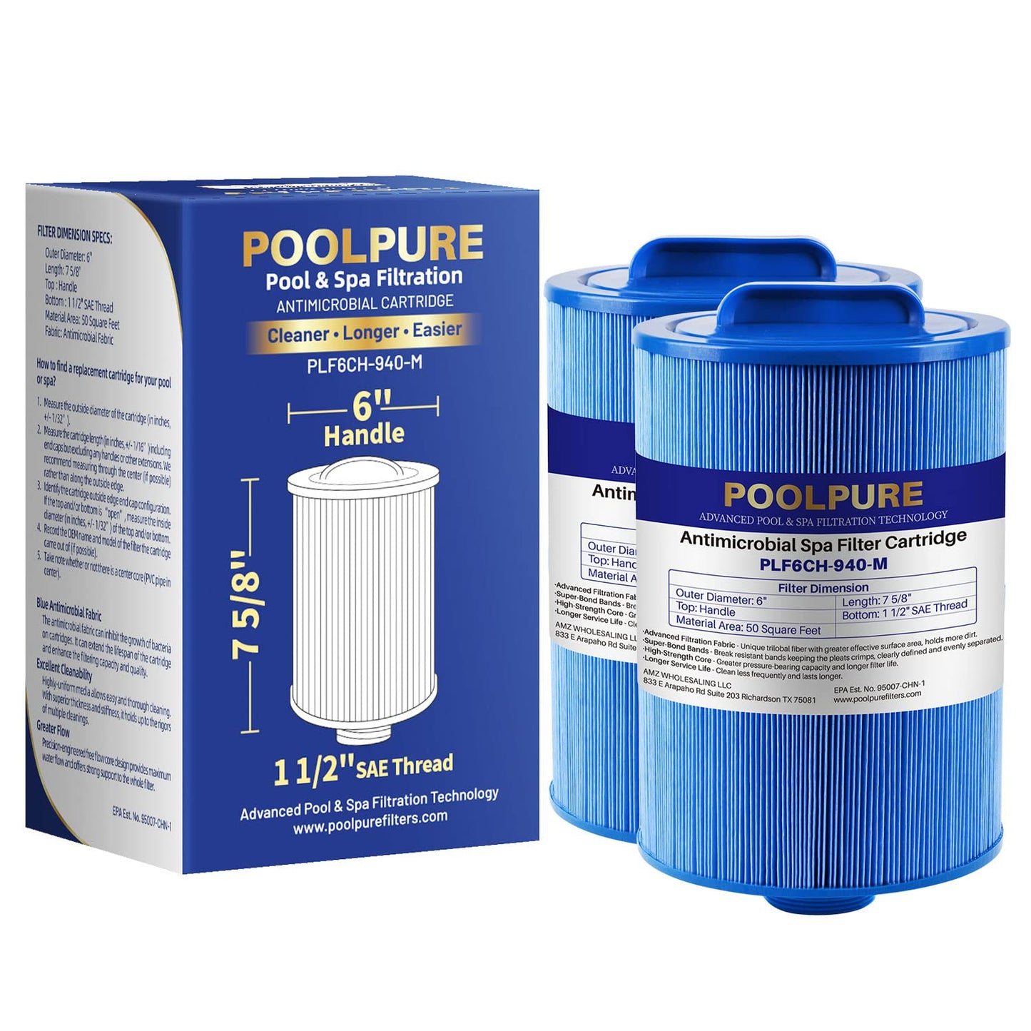 POOLPURE 6CH-940 Spa Filter Replaces PWW50P3(1 1/2" Coarse Thread), 817-0050, Filbur FC-0359, 25252, 03FIL1400, Waterway Front Access Skimmer (Anti-Biofilm (PRO))