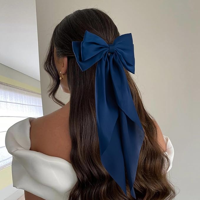 6Pcs Large Bows Hair Clips for Women Girls Long Tail Hair Ribbon Silky Satin Barrettes Coquette Bows Accessories (Black/Skyblue/White/Navyblue/Bluegrey/Royalblue)