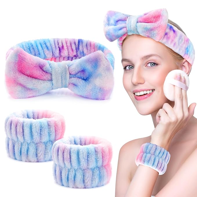3PCS Spa Headband and Wristbands Set for Women, Soft Microfiber Face Wash Headband with Cute Bow, Elastic Absorbent Wrist Towels, Makeup Skincare Accessories for Facial, Shower, Yoga