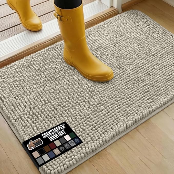GORILLA GRIP SoakSTOPPER Dog Door Mat, 36x24 Machine Washable Rug Absorbent Doormat Captures Moisture Mud Dirt, Quick Dry Soft Chenille Entryway Rugs Indoor Entrance Mats for Dog Paws, Cream