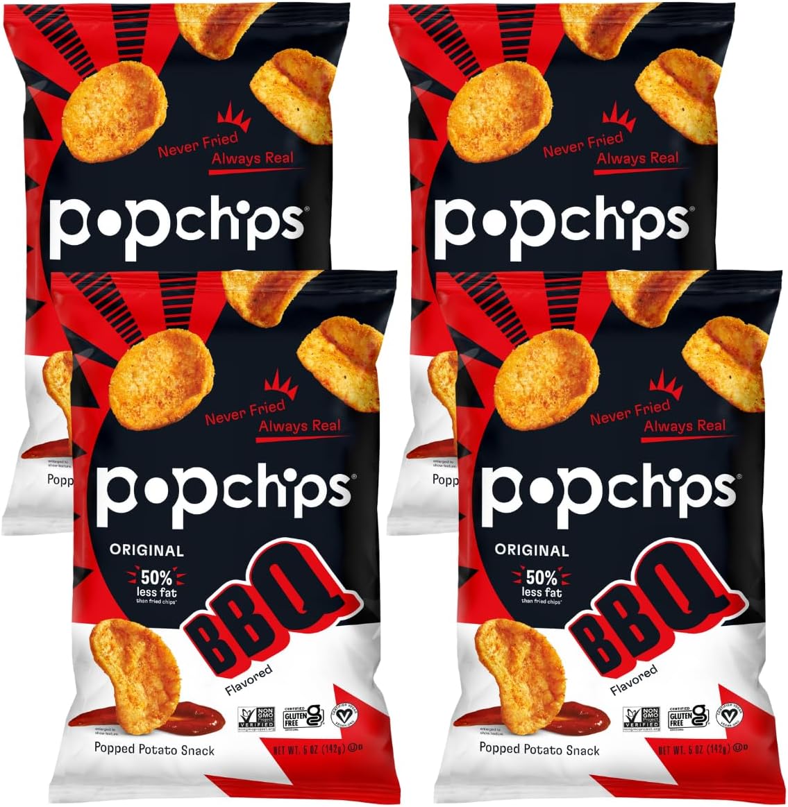 Popchips Potato Chips, BBQ, 4ct 5.0oz Share Bags, Low-Calorie and Gluten Free, Salty Snacks for Adults and Children, Non-GMO, Vegan & Kosher Friendly, 130 Calories Per Serving