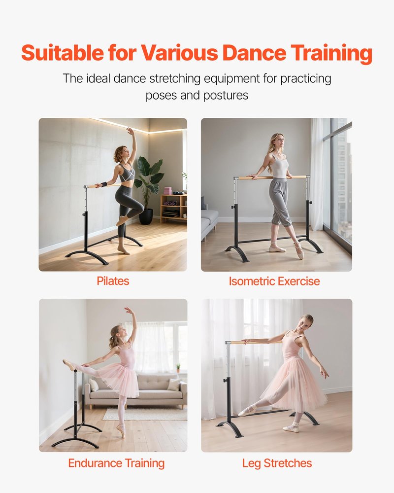 VEVOR Ballet Barre, 4 Ft Barre Bar for Home, Freestanding Portable Ballet Stretching Dance Bars, Height Adjustable Anti-Wobble Fitness Gym Studio Equipment, for Pilates Balance Workout