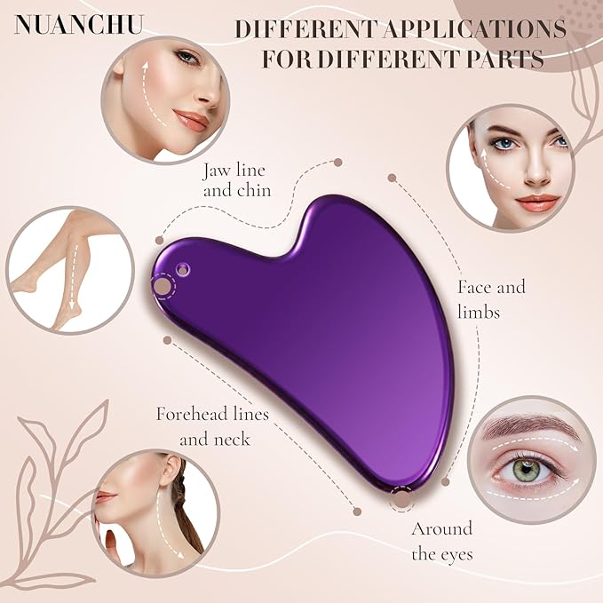 Nuanchu Stainless Steel Gua Sha Facial Tools Metal Guasha Tool for Face Body Jawline Shaper, Double Chin Reducer, Puffiness Reducing, Lymphatic Drainage Massager Skin Care Gift with Pouch(Purple)
