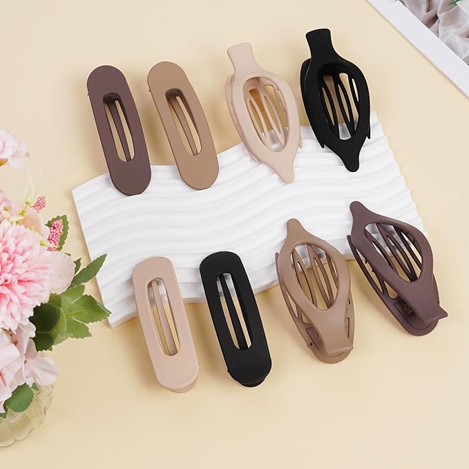 8 Pack Flat Hair Clips for Women – Matte Neutral Claw Clips & Flat Hair Pins Barrettes Set in Black, Blonde,Light Brown & Dark Brown for Thick & Thin Hair
