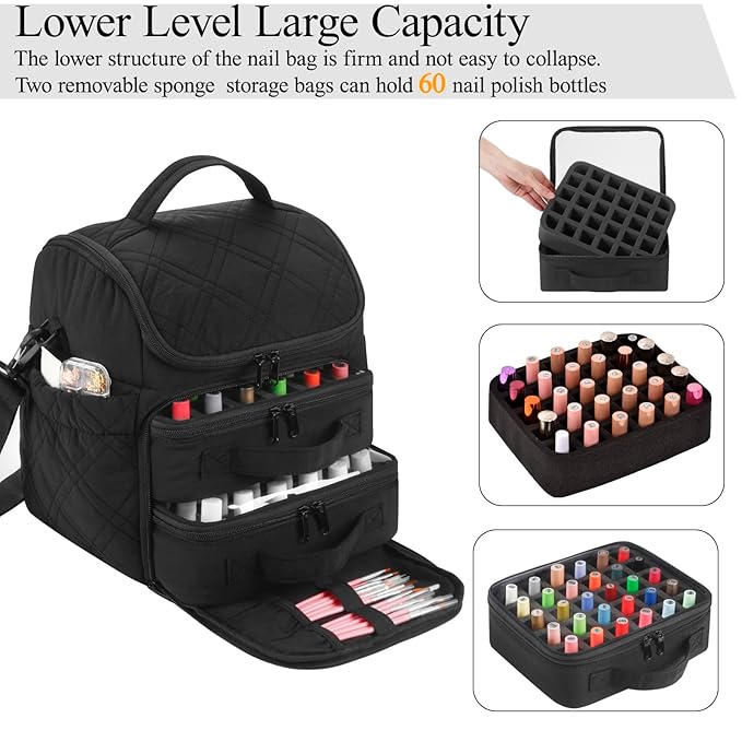 Nail Polish Organizer with 2 Detachable Cases Hold 60 Bottles & Nail Lamp, Portable Nail Organizers and Storage with Handle & Shoulder Strap, Travel Nail Bag for Manicure Tools
