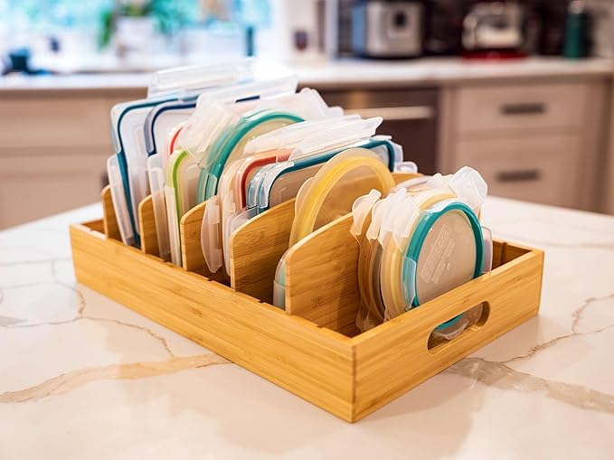 Umilife Extra Large Kitchen Cabinet & Drawer Organizer, Bamboo Lid Holder with 5 Tall Adjustable Dividers, Pantry Organization and Storage for Food Container Lid