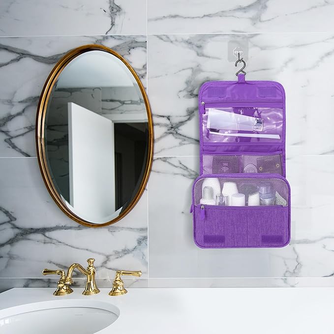 Large Capacity Toiletry Bag Travel Bag with Hanging Hook for Men and Women Waterproof Travel Cosmetic Bag Bathroom Storage Bag for Brushes Set, Full-Sized Shampoo, Toiletries, (Purple)