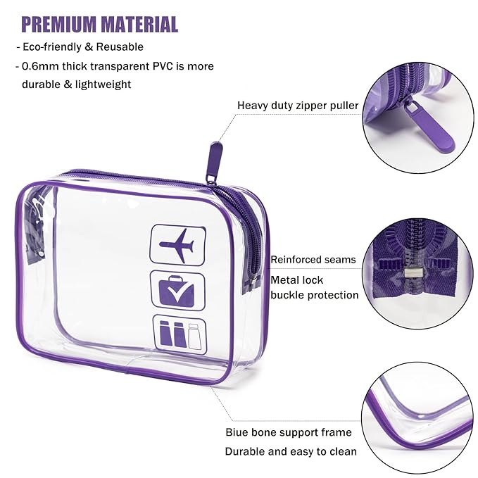 MODENGKONGJIAN TSA Approved Toiletry Bag, 3 Pcs Clear Toiletries Bags Quart Size Travel Makeup Cosmetic Bag for Women Men, Carry on Airport Airline Compliant Bag (Purple)