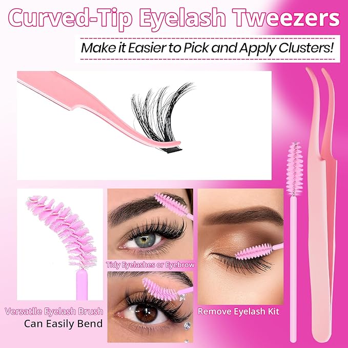 Lash Clusters Kit 3D Effect Volume Lashes Clusters Kit Wispy Cluster Eyelash Extensions D Curl Eyelash Clusters Kit PestaÃÂ±as Postizas Naturales+Bond&Seal,Remover,Tweezers,Brush(150D+200D+Spike Kit)