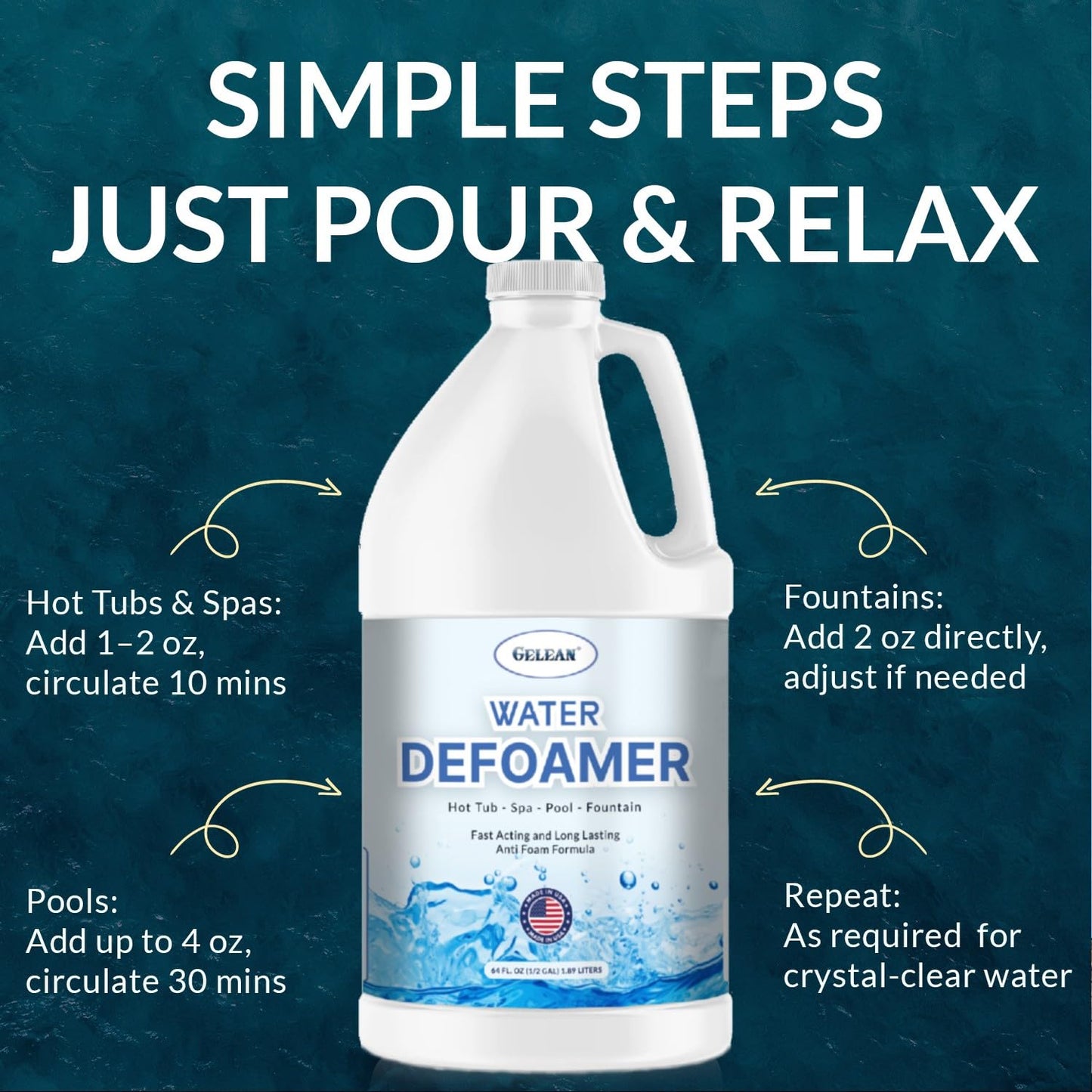 Hot Tub Defoamer - Pool, Fountain, Spa Anti Foam Defoamer -1/2 Gallon (64 oz.)- Eco Friendly & Safe Water Anti Foam - Quickly Removes & Prevents Foam - Silicone Emulsion HotTub Chemicals Made in USA,