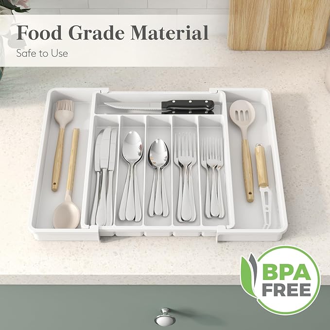 Lifewit Silverware Drawer Organizer, Expandable Utensil Tray for Kitchen, BPA Free Flatware and Cutlery Holder, Adjustable Plastic Storage for Spoons Forks Knives, 10.9"-17.5" x 13.7", White