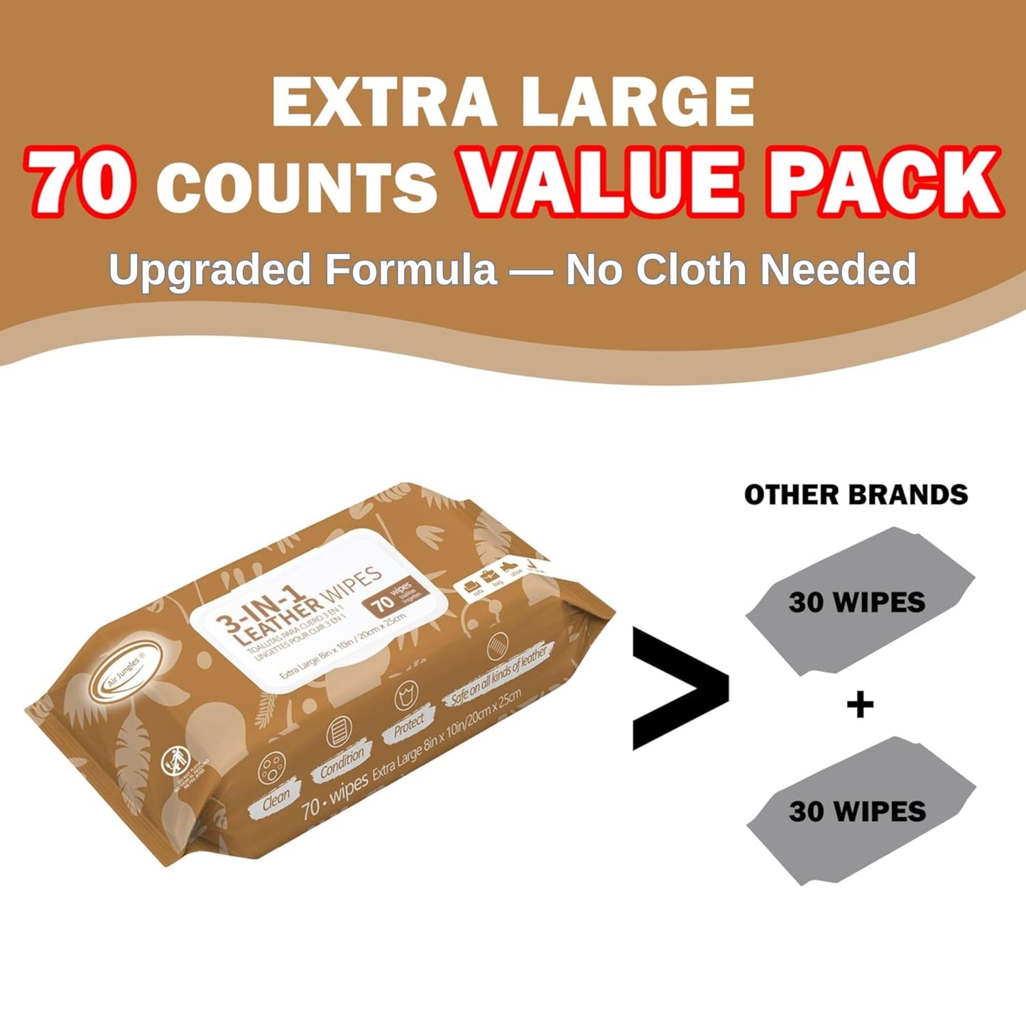Air Jungles 3in1 Leather Cleaner Wipes 70 Count, Extra Large 8" x 10" Size, Clean Condition Protect Wipes for Vinyl and Leather Apparel Furniture Auto Car Interior Shoes Boots Bags