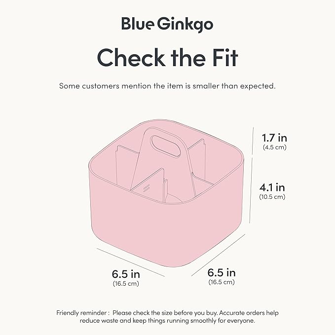 BLUE GINKGO Small Stackable Organizer Caddy – Korean-Made Portable Tote for Bathroom, Office, Crafts, or School Supplies (Square, Pink)