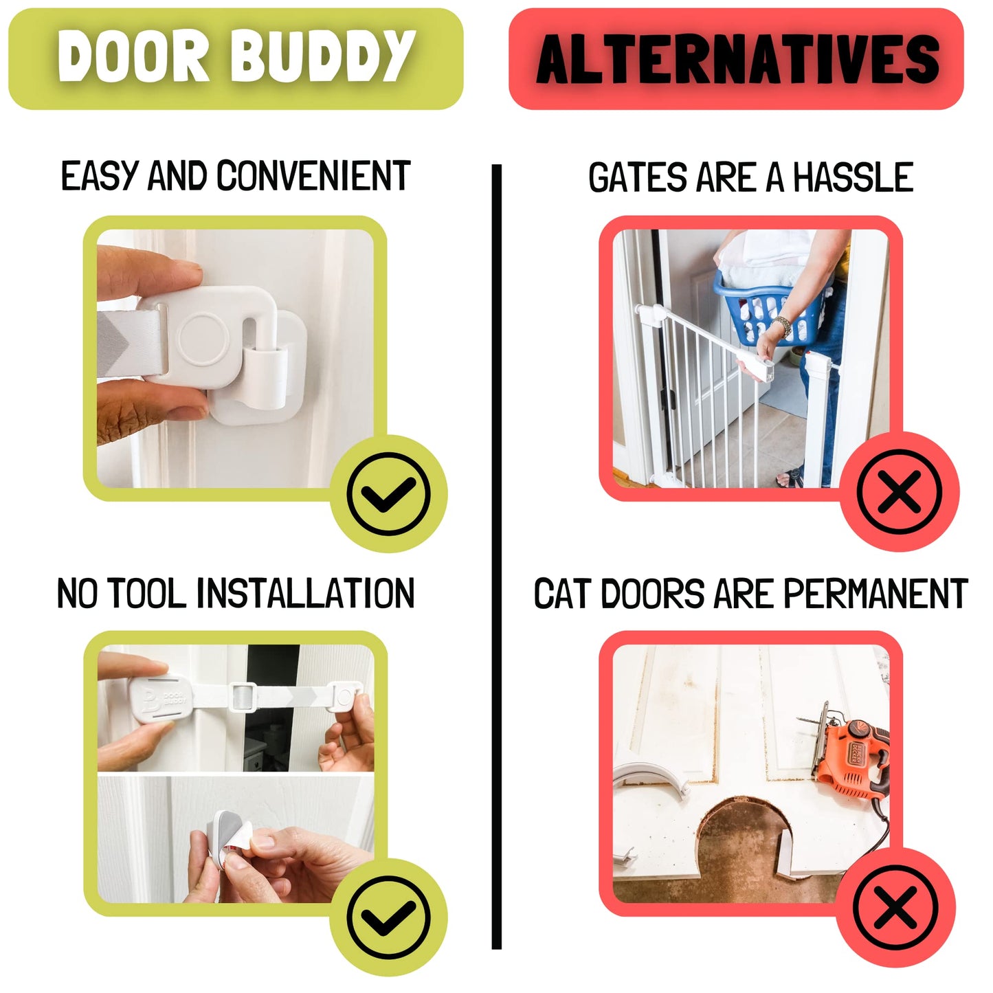 Door Buddy Baby & Cat Door Latch - Grey. Adjustable Strap Keeps Kids Out of Cat Areas. Simple Child Safety Lock for Doors. The Easier Baby Gate and Kitty Door Interior Alternative.