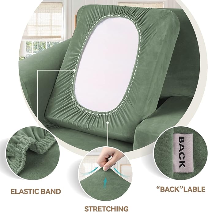 WEERRW Velvet Couch Covers for 2 Cushion Couch Sofa - High Stretch Velvet Plush 3 Pieces Sofa Slipcovers with Elastic Bottom, Furniture Protector for Pets, Machine Washable, Greyish Green, Medium