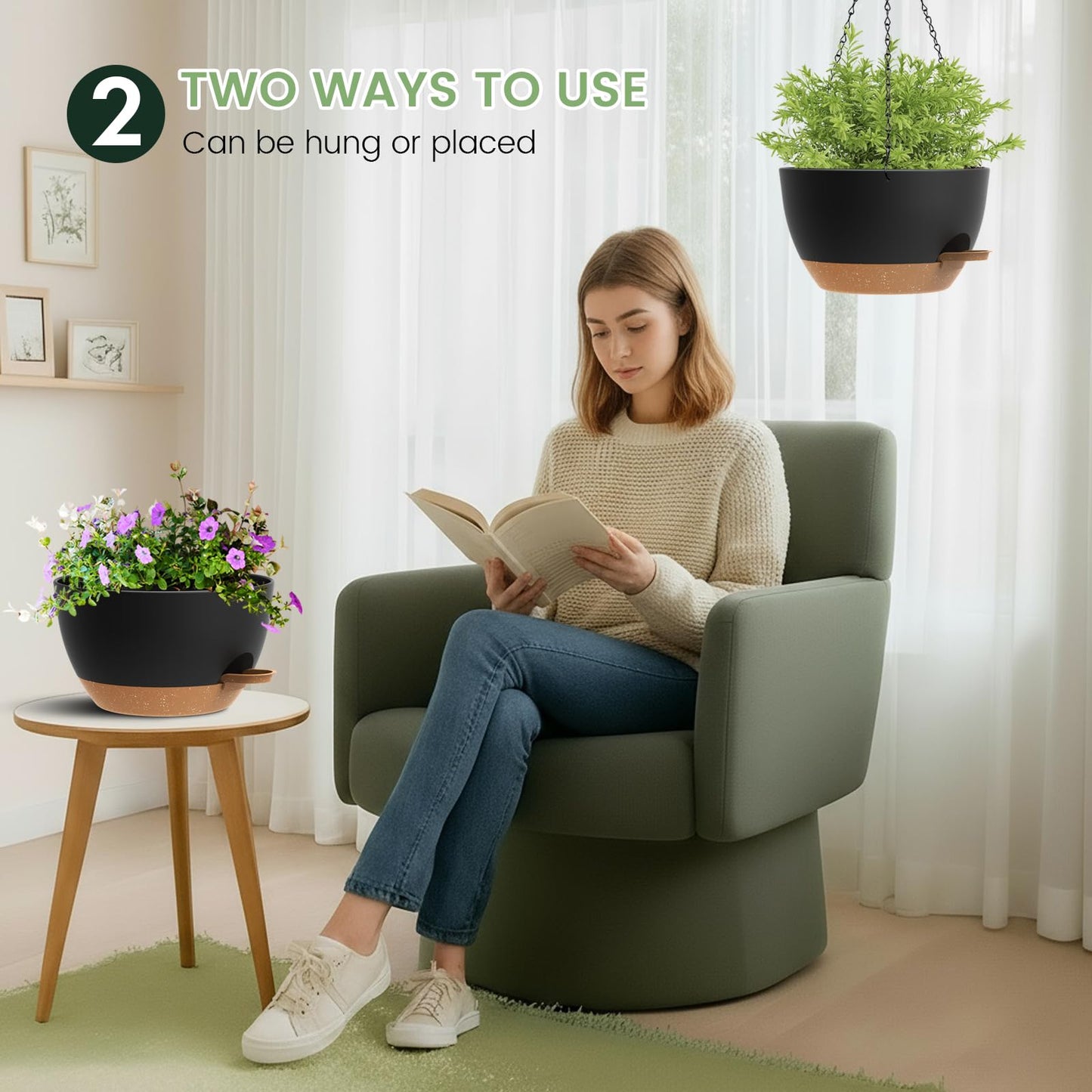 3 Pack 10 Hanging Flower Pots with Chains Self Watering Plastic Planters for Indoor Outdoor Plants, Sturdy Triangular Iron Chain Design for Garden PorchPlastic hanging flower pots (3, Black Brown)