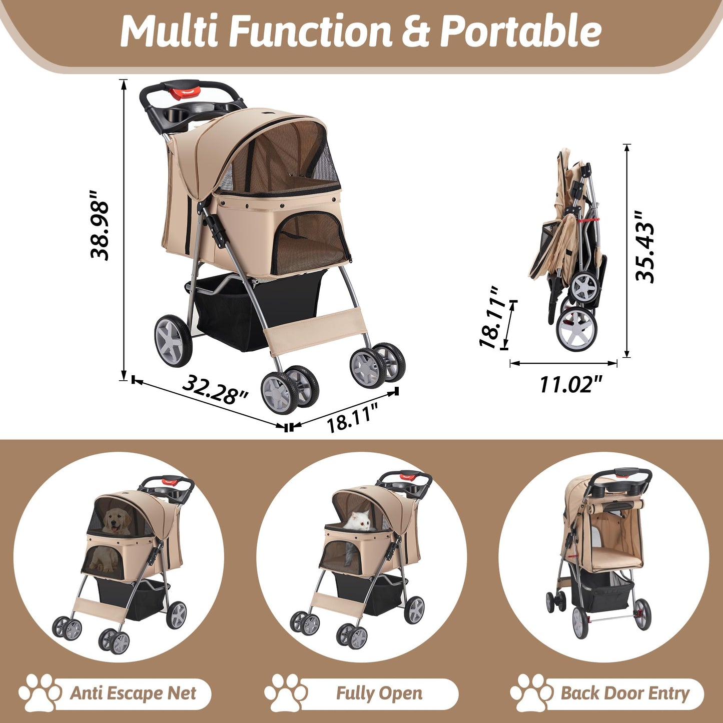 Azaeahom Pet Stroller, 4 Wheels Pet Strolling Cart for Medium/Small Dogs and Cats, Foldable Cat Jogger/Dog Stroller with Cup Holder, Storage Basket, Breathable Mesh, All-Season Pet Carrier, Khaki