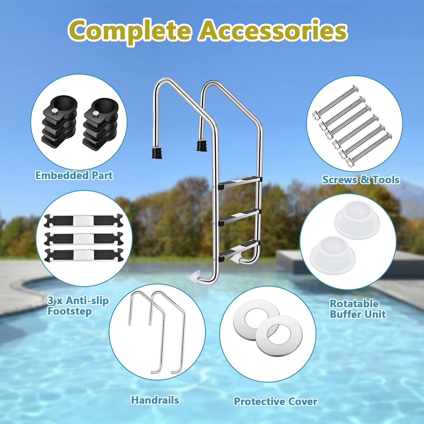 IRONMAX Swimming Pool Ladder, 3-Step Heavy Duty Stainless Steel Pool Stair w/Non-Slip Steps, Easy to Install, Pool Ladder for Inground Pools, Gym & Water Park, 265 LBS Weight Capacity