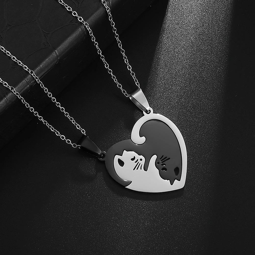 Cat Matching Necklaces, heart cat necklace,friendship necklace,couple necklaces, stainless steel necklace,bff necklace, birthday present, anniversary, Christmas Gift