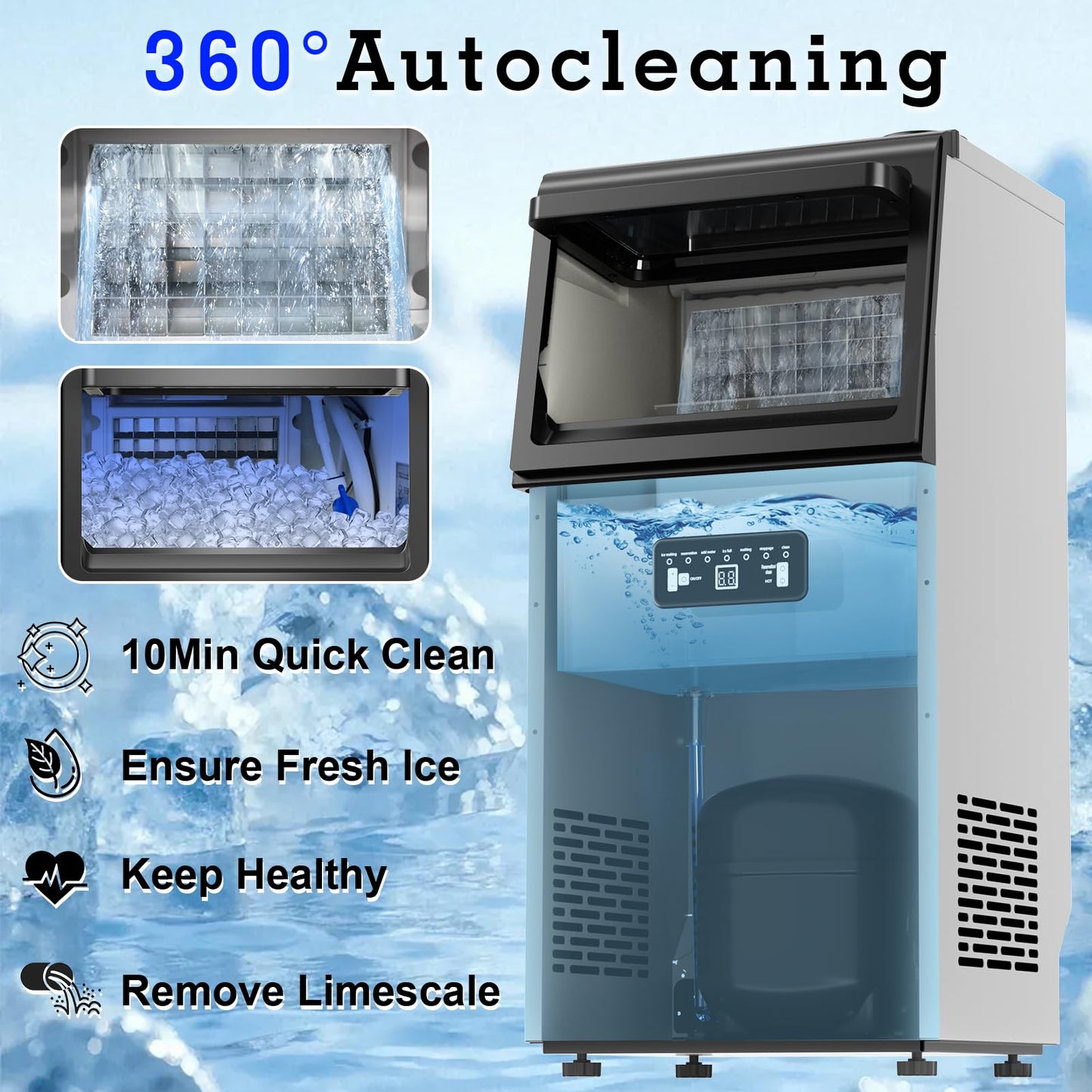 Bibrsa Commercial Ice Maker 120LBS/24H, Dual Water Inlet, Under Counter Ice Maker with 22LBS Storage Capacity, 45 Cubes, Stainless Steel Ice Machine, for School, Home, Restaurant, Bar, RV