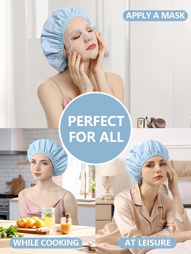 Years calm Shower Caps for Women Reusable Waterproof, Double Layer Waterproof Fabric - Both Sides Usable, Reversible Pattern & Solid Color Design, Soft Elastic Keeps Hair Dry for shower Spa Travel
