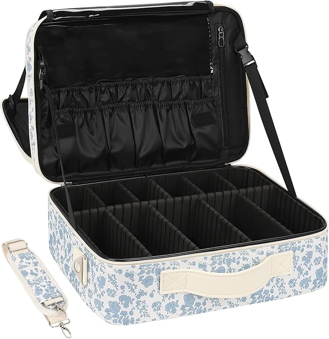 Relavel Large Makeup Bag, Floral Cosmetic Bag for Women, Professional Travel Train Case Portable Makeup Artist Bag Make Up Storage Organizer Box with Adjustable Dividers and Makeup Brush Compartment
