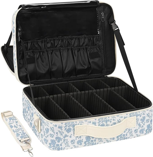 Relavel Large Makeup Bag, Floral Cosmetic Bag for Women, Professional Travel Train Case Portable Makeup Artist Bag Make Up Storage Organizer Box with Adjustable Dividers and Makeup Brush Compartment