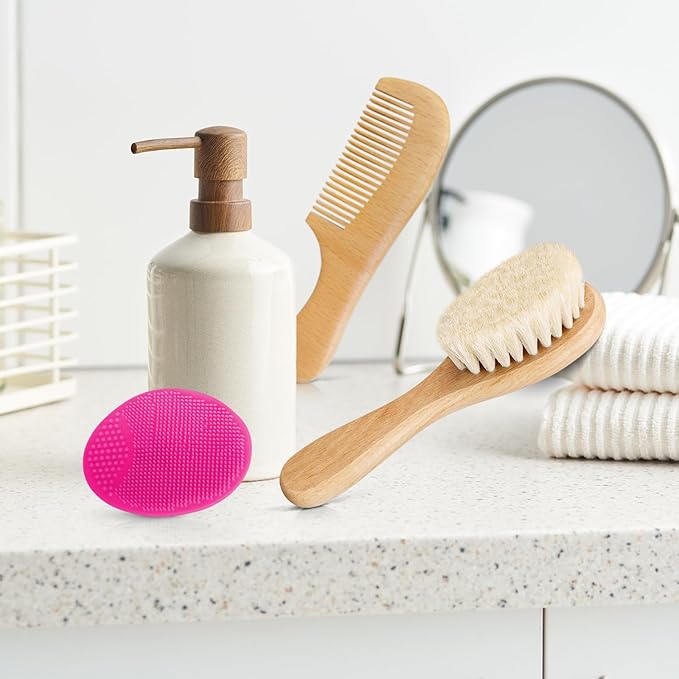 Baby Hair Brush with Wooden Handle and Comb Set for Newborns & Toddlers | Natural Soft Goat Bristles l Wood Comb l Rose Red Cradle Cap Brush | Ideal for Cradle Cap (3 Piece)
