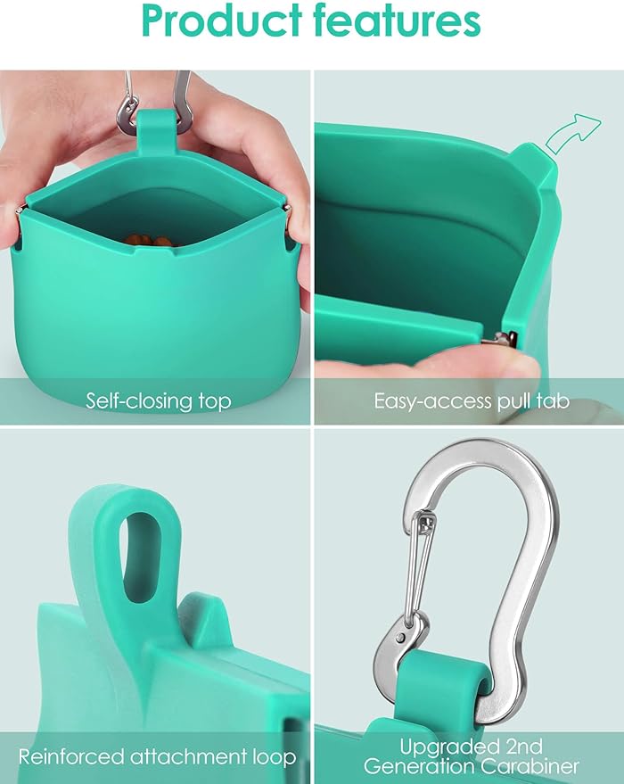 RBibei【One-Hand Access Silicone Dog Treat Pouch, Small Pocket Sized Training Pouch with Pull Tab & Auto Closing Lid for Easy Pet Training & Walking (Turquoise)