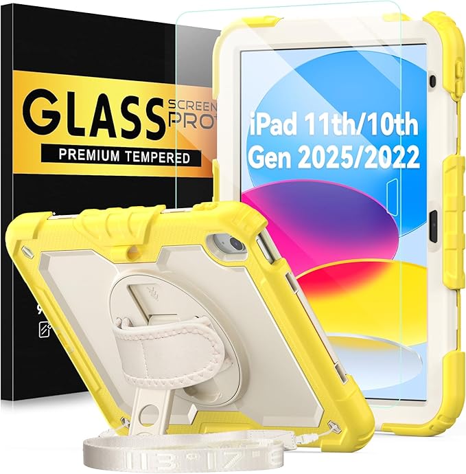 BLOSOMEET Case for iPad A16 11th/10th Generation 11''/10.9'' 2025 2022 with Tempered Glass Screen Protector, Rugged Cute Girls Boys Cover with Stand Hand Shoulder Strap, Fashion Yellow