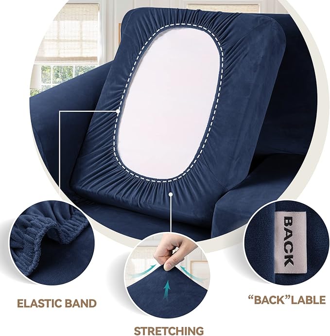 WEERRW 4 Pieces Velvet High Stretch Couch Covers for 3 Cushion Couch Sofa Slipcovers, Washable Furniture Protector with Non Slip Elastic Bottom, Feature Soft and Thick Plush Fabric, Navy Blue, Large