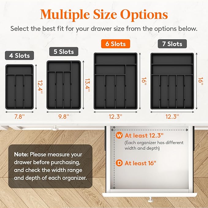 Lifewit Silverware Drawer Organizer Tray, Plastic Cutlery Storage for Kitchen, Flatware and Utensil Holder Divider for Spoons Forks Knives Tableware, 12.3 x 16", 6 Slots, Black