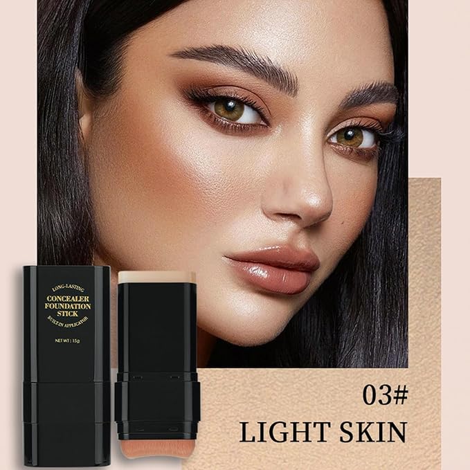 Foundation Stick, 2 in 1 Dual-Ended Long-Lasting Concealer Korean Foundation Contour Stick, Waterproof Contouring foundation with Brush, Full Coverage Matte Finish for Face Makeup(03#LIGHT SKIN)