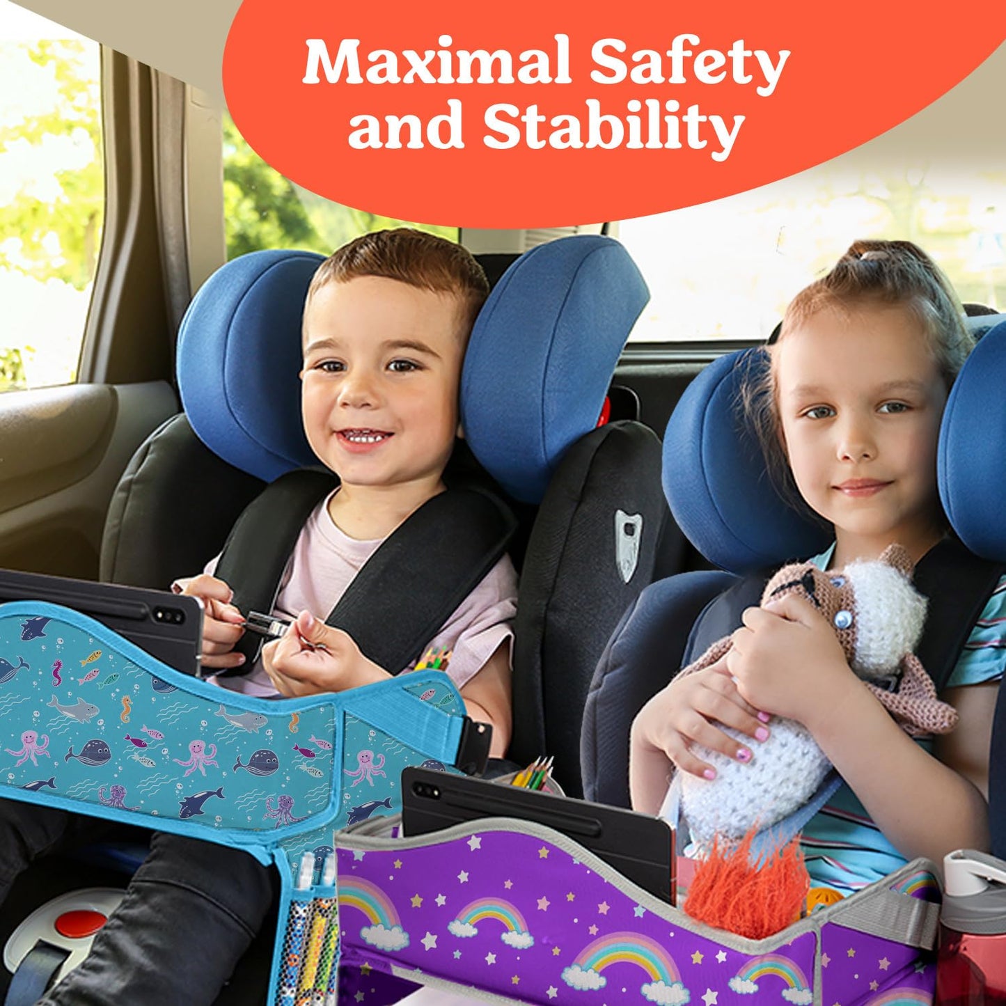 PILLANI Kids Travel Tray for Car - Carseat Tray for Toddler, Road Trip Must Haves with Cup Holder & Drawing Board - Toddler Airplane Travel Essentials for Girls - Car Accessories for Kids