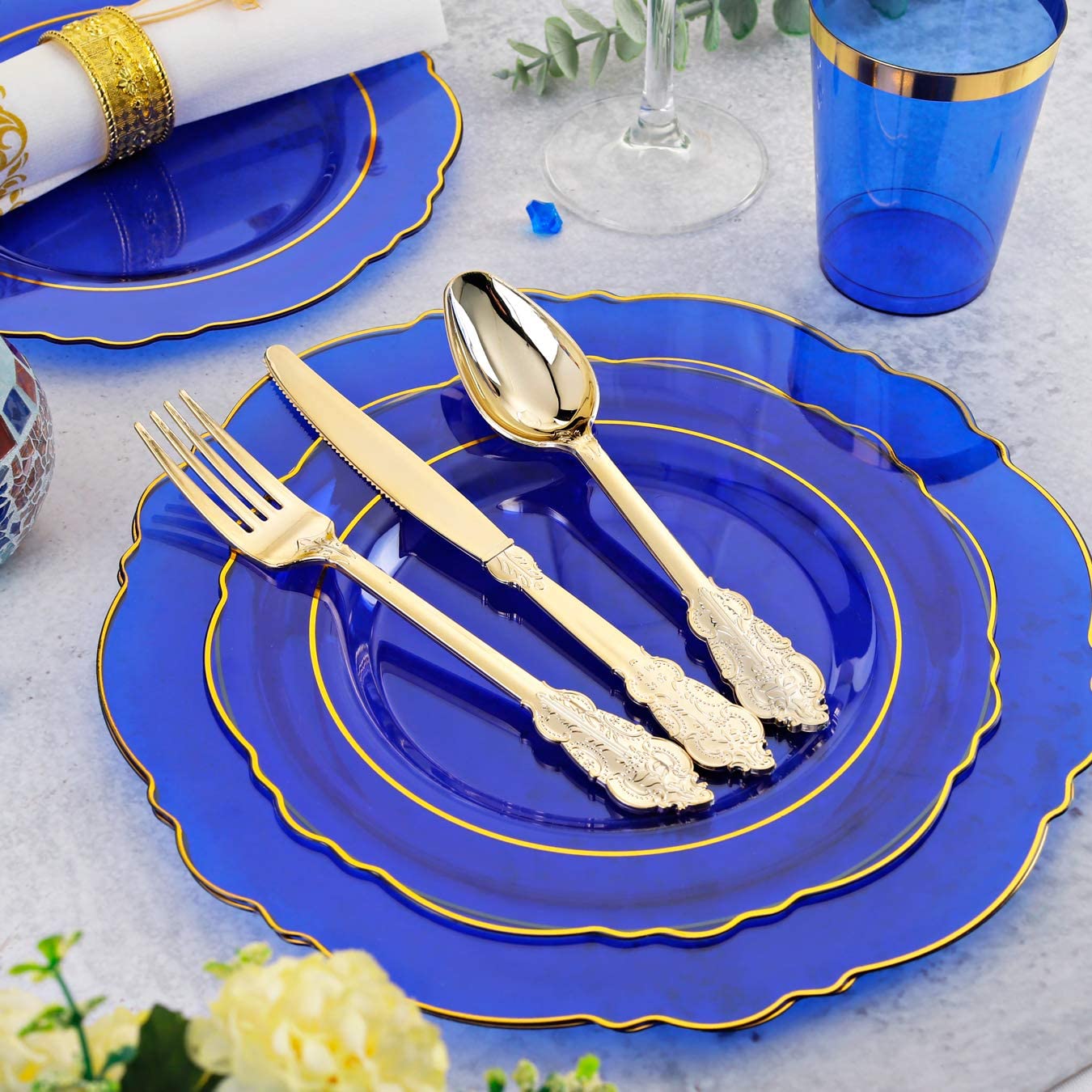 KIRE 210Pcs Blue Plastic Plates with Gold Rim& Disposable Plastic Silverware &Blue Cups&Hand Napkin- Baroque Clear Dinnerware for Parties/Wedding