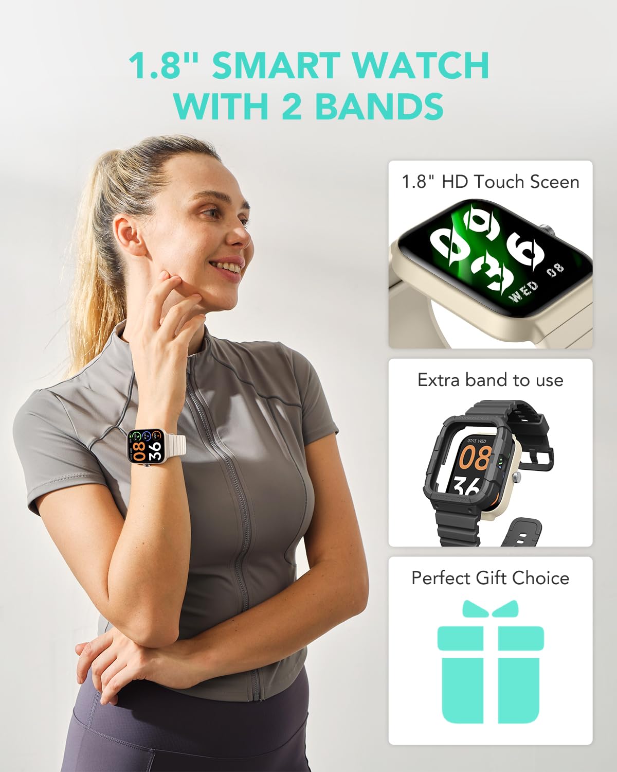 Smart Watch for Women Men with 2 Bands, Alexa Built-in 1.8" Smartwatch (Answer/Make Call) 100+ Sports Fitness Watch with Heart Rate SpO2 Monitor IP68 Waterproof iOS Android Compatible