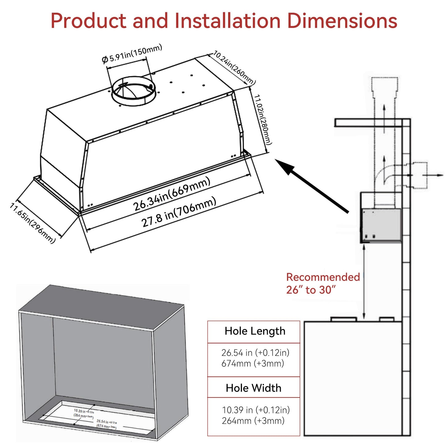 400CFM Built-In/Insert Range Hood 24 Inch - Convertible Ducted/Ductless Kitchen Vent with 3-Speed, 2×3W LED Lights & 6-Layer Grease Filters