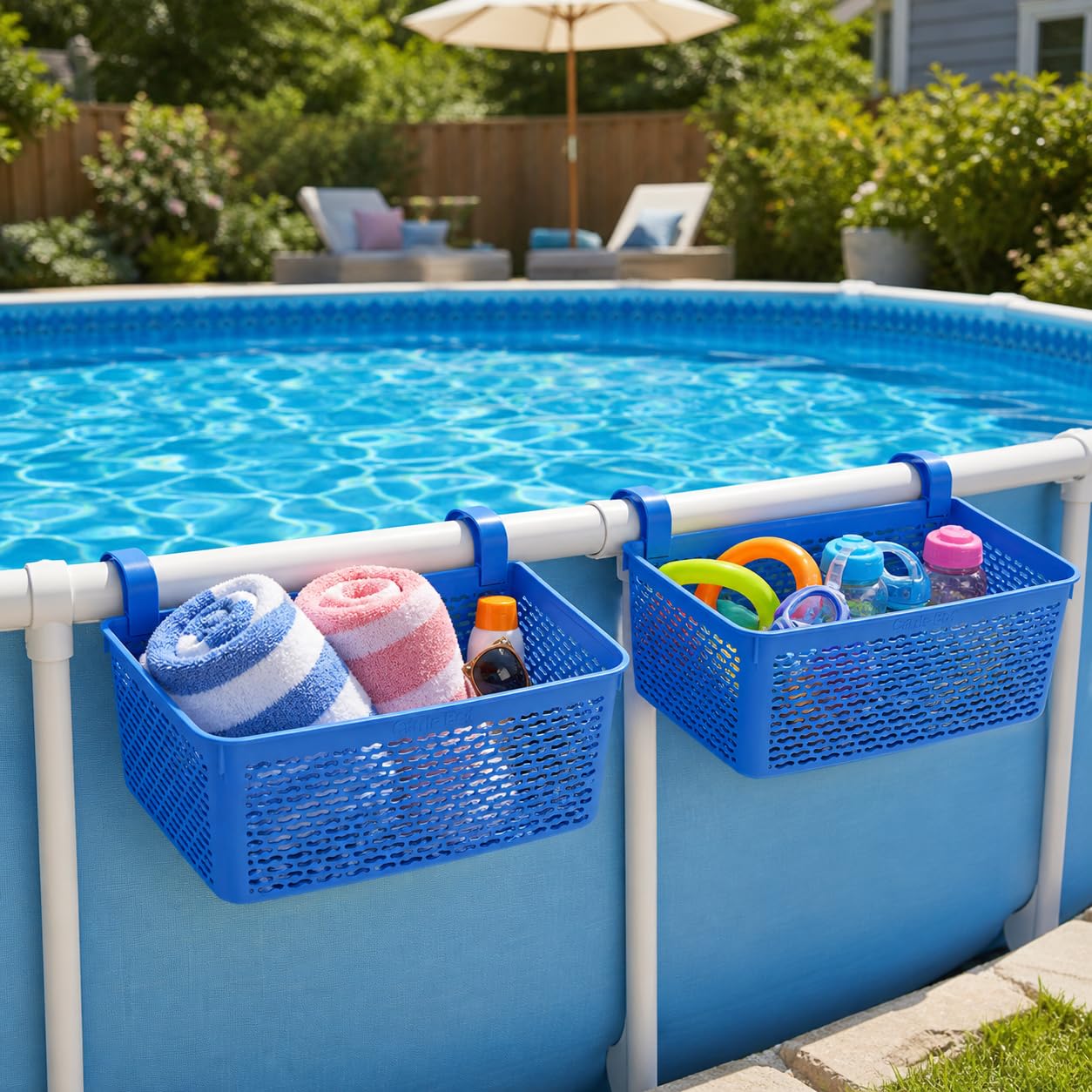 Papapacks 2 Packs XL Poolside Storage Basket for Above Ground Pools – 15.6" L x 12.1" W x 6.1" H - Swimming Pool Organizer Patio Accessories – Made in Europe – (Blue)