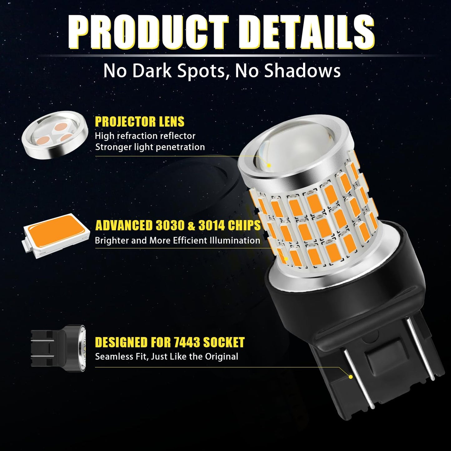 iBrightstar 7443 LED Bulb Amber, 7440 LED Turn Signal Bulbs Super Bright for Vehicle Blinker Lights and Turn Signal Lights, 2 Pack
