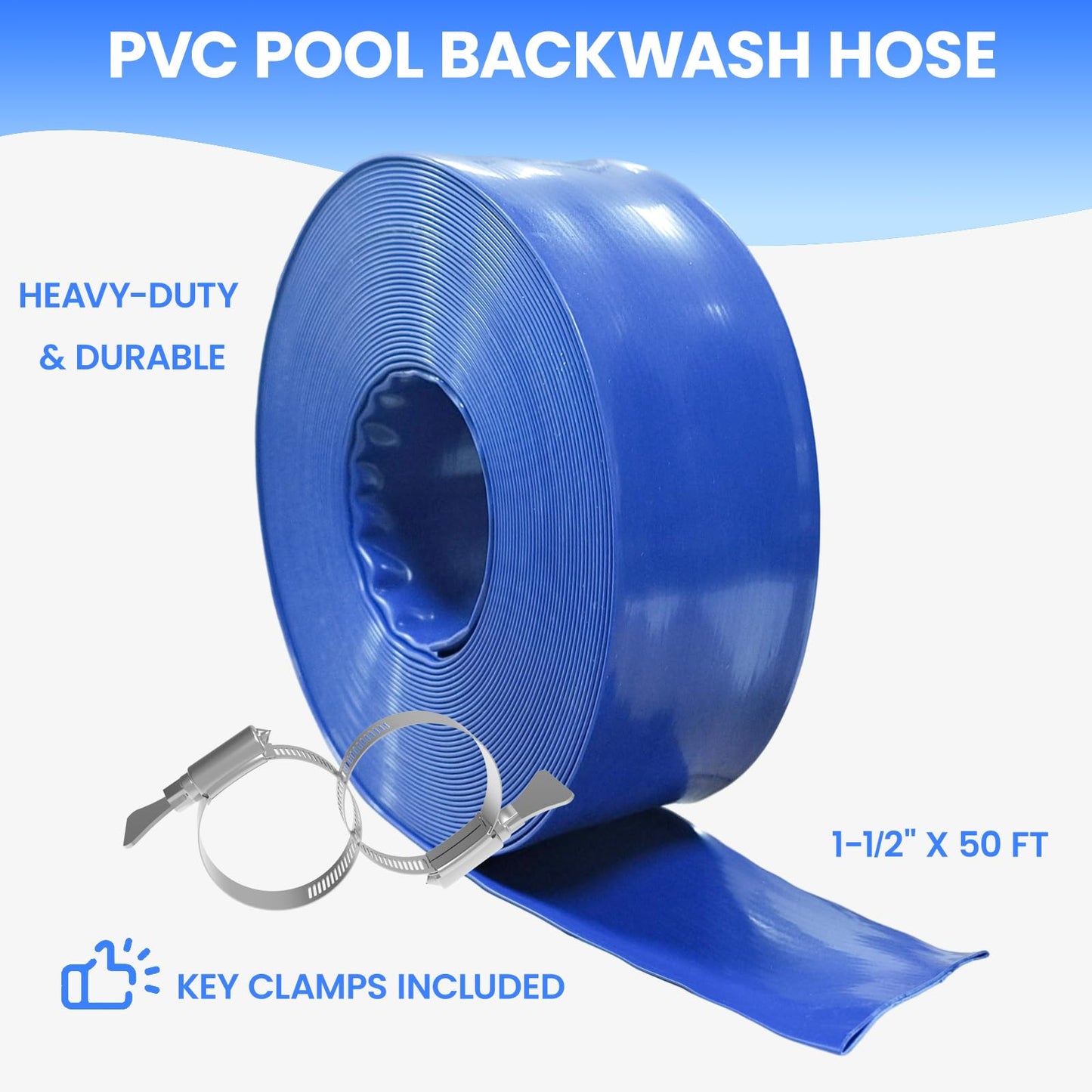Poolvio Backwash Hose 1-1/2" x 50 ft, Blue Lay-Flat PVC Discharge Hose with 2 Stainless Steel Thumb Screw Clamps, Leak-Free for Swimming Pool Filter Cleaning, Flooded Area, Pond Draining
