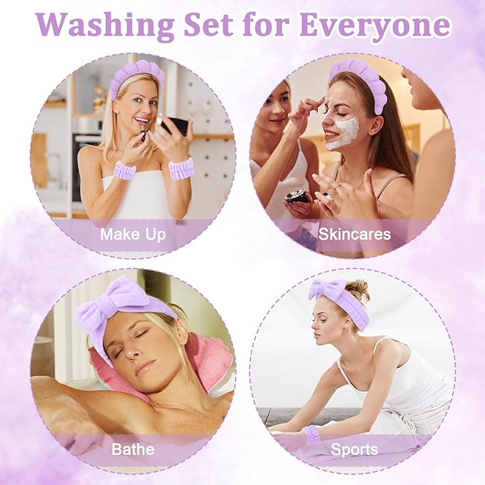 6 Pcs Terry Cloth Spa Headbands and Wristbands - Sponge Makeup Removal Headbands for Skincare, Shower, and Face Washing