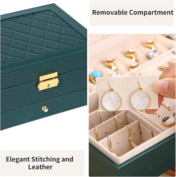 GUOER Jewelry Box for Women Girl Wife - Large PU Leather Jewelry Organizer Storage Case with Two Layers Display for Earrings Bracelets Rings Watches (Green)