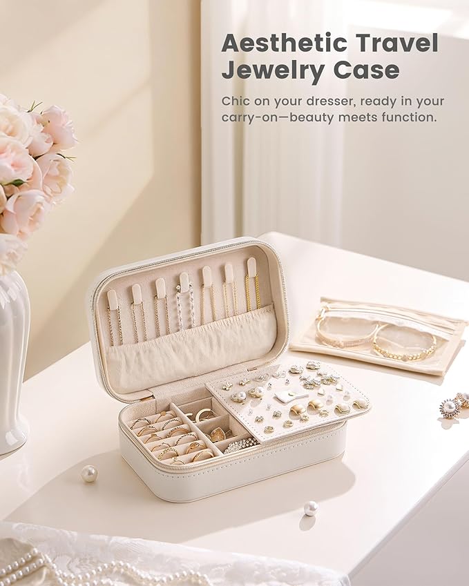 Lolalet Travel Jewelry Case for Women Girls, Travel Jewelry Organizer with Clear Storage Bag Small Portable Jewelry Box for Necklace Bracelet Earring Ring Birthday Bridesmaid Gifts -Medium/Beige