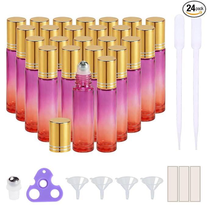 PrettyCare 24 Pack, 10 ml Essential Oil Roller Bottles with Stainless Steel Roller Ball - Refillable Leak-proof Empty Thick Red & Purple Glass Roll on Bottles with Golden Caps for Travel, Perfume