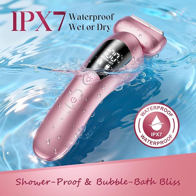 Cordless Electric Razors for Women: Rechargeable Painless Bikini Trimmer for Body Hair - IPX7 Waterproof Shaver with LED Display for Face/Underarm/Leg Light Pink Upgraded