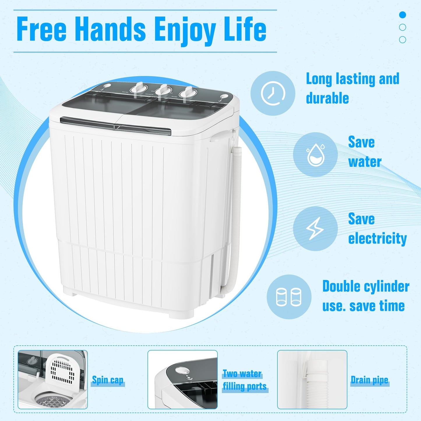 SUNCROWN Portable Washing Machine 16lbs, Compact Twin Tub Semi Automatic Washer, Energy-Saving Mini Laundry Combo with Extended Drain Hose & Pump for Dorms, Apartments, RV, Grey